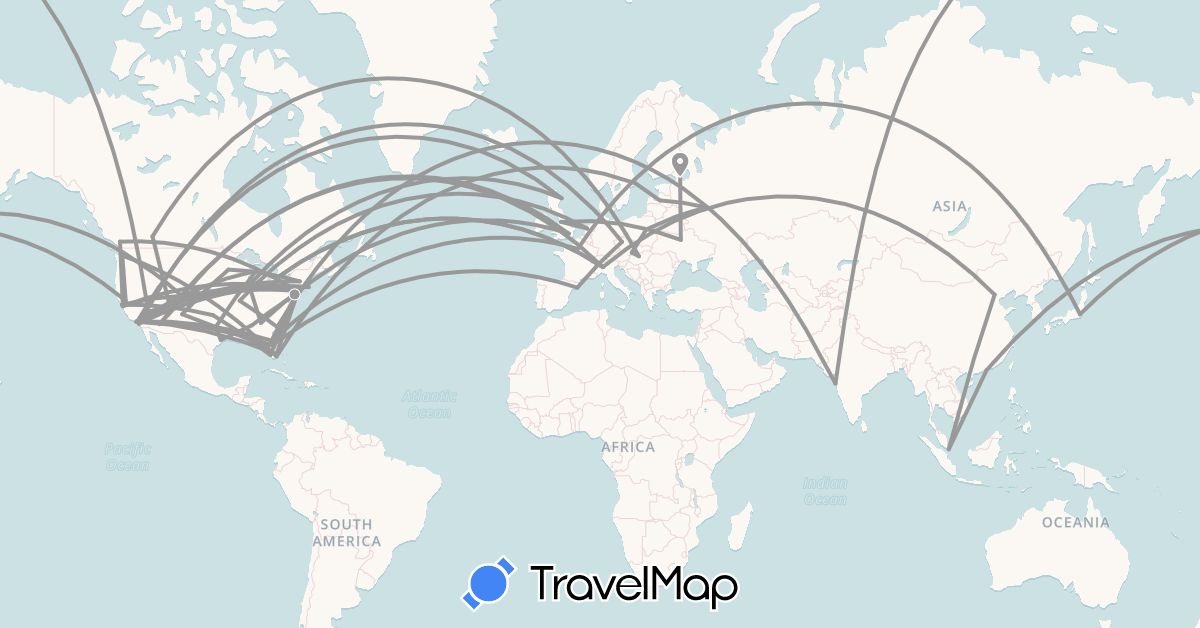 TravelMap itinerary: plane in Canada, China, Czech Republic, Spain, France, United Kingdom, Hungary, India, Italy, Japan, Latvia, Netherlands, Poland, Russia, Sweden, Singapore, Slovakia, Ukraine, United States (Asia, Europe, North America)